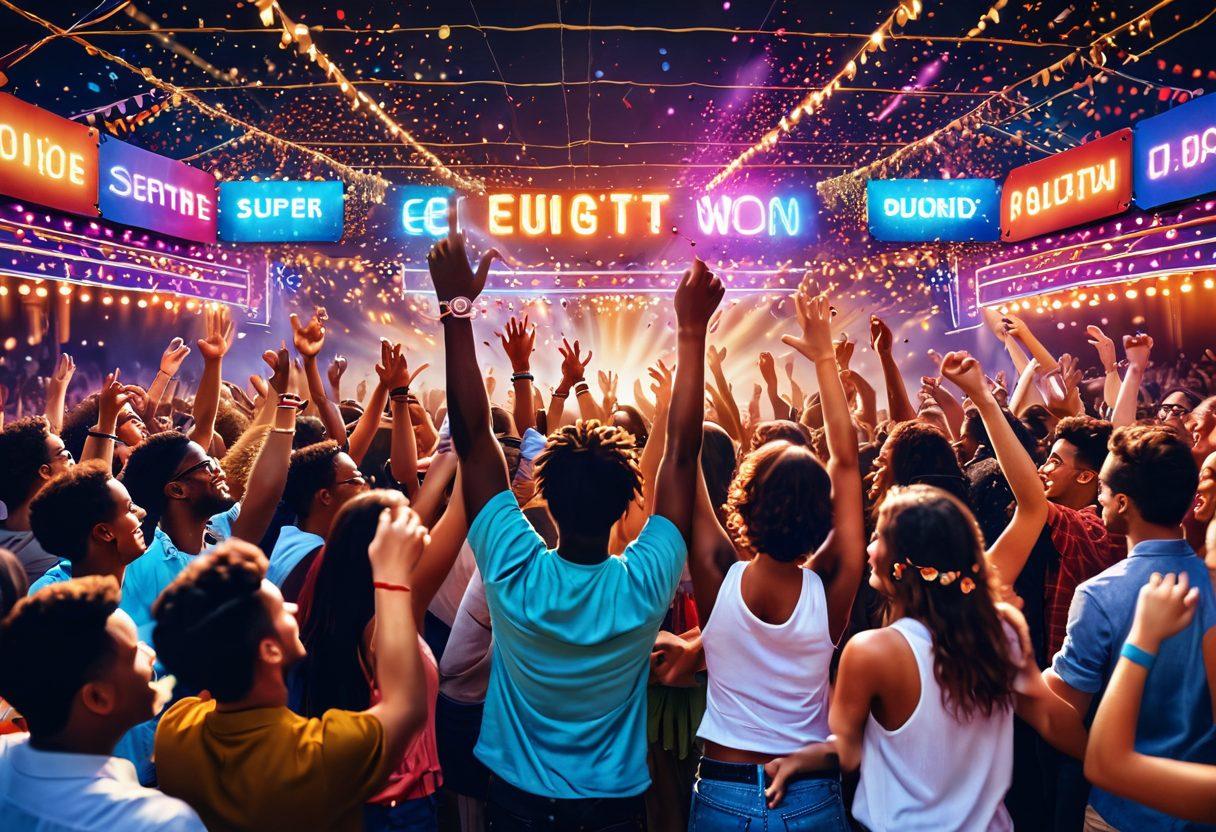 A vibrant scene depicting a lively entertainment world, filled with colorful lights, joyful people enjoying music and performances. Include elements like a glowing marquee sign, confetti in the air, and a diverse crowd dancing happily. The atmosphere should radiate positivity and energy, showcasing the cheerful side of entertainment. super-realistic. vibrant colors. dynamic composition.