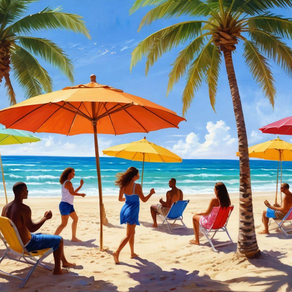 A warm, sunlit beach scene with vibrant colors illustrating adults joyfully engaging in uplifting activities, such as dancing and playing games under colorful umbrellas. Include a backdrop of palm trees, ocean waves, and a radiant sun, symbolizing happiness and relaxation. The overall vibe should exude positivity and freedom with a playful twist. super-realistic. vibrant colors. beach setting.