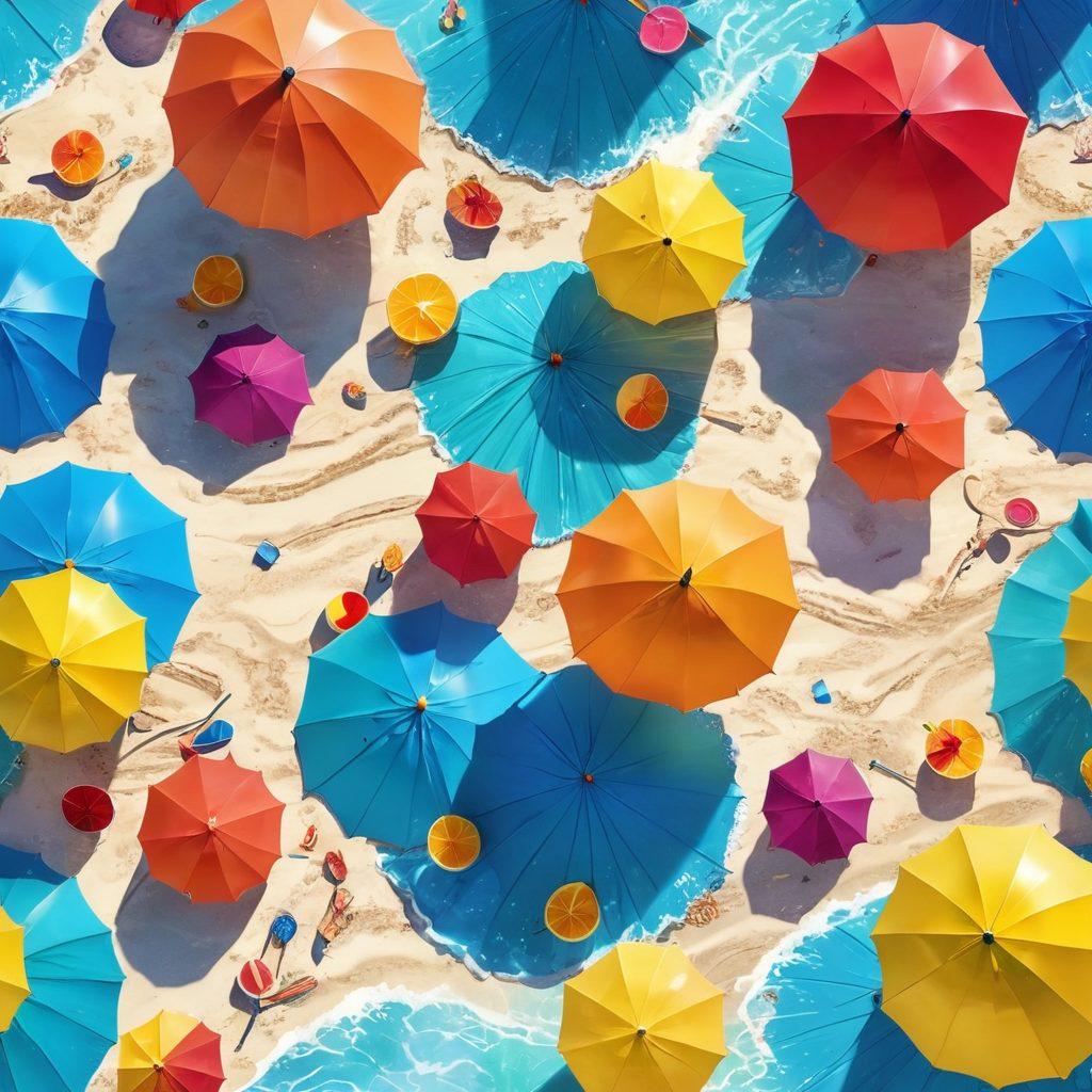 A vibrant beach scene featuring playful adults enjoying the sun, surrounded by colorful beach umbrellas and tropical drinks. Include hints of laughter and joy, with a radiant sun shining brightly in a clear blue sky. Incorporate elements like a beach ball and playful waves to evoke a carefree atmosphere. super-realistic. vibrant colors. tropical vibe.
